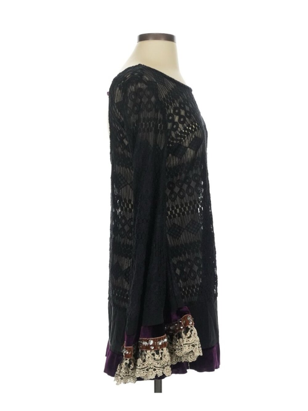RARE Free People Black Lace Velvet Bell Sleeve Mini Dress Tunic| Whimsigoth Boho - Picture 10 of 16